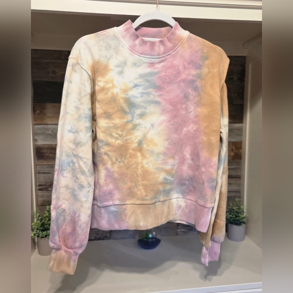 525 Revolve Pastel Tie-Dye Crew Neck Sweater With Shoulder Cut-Out